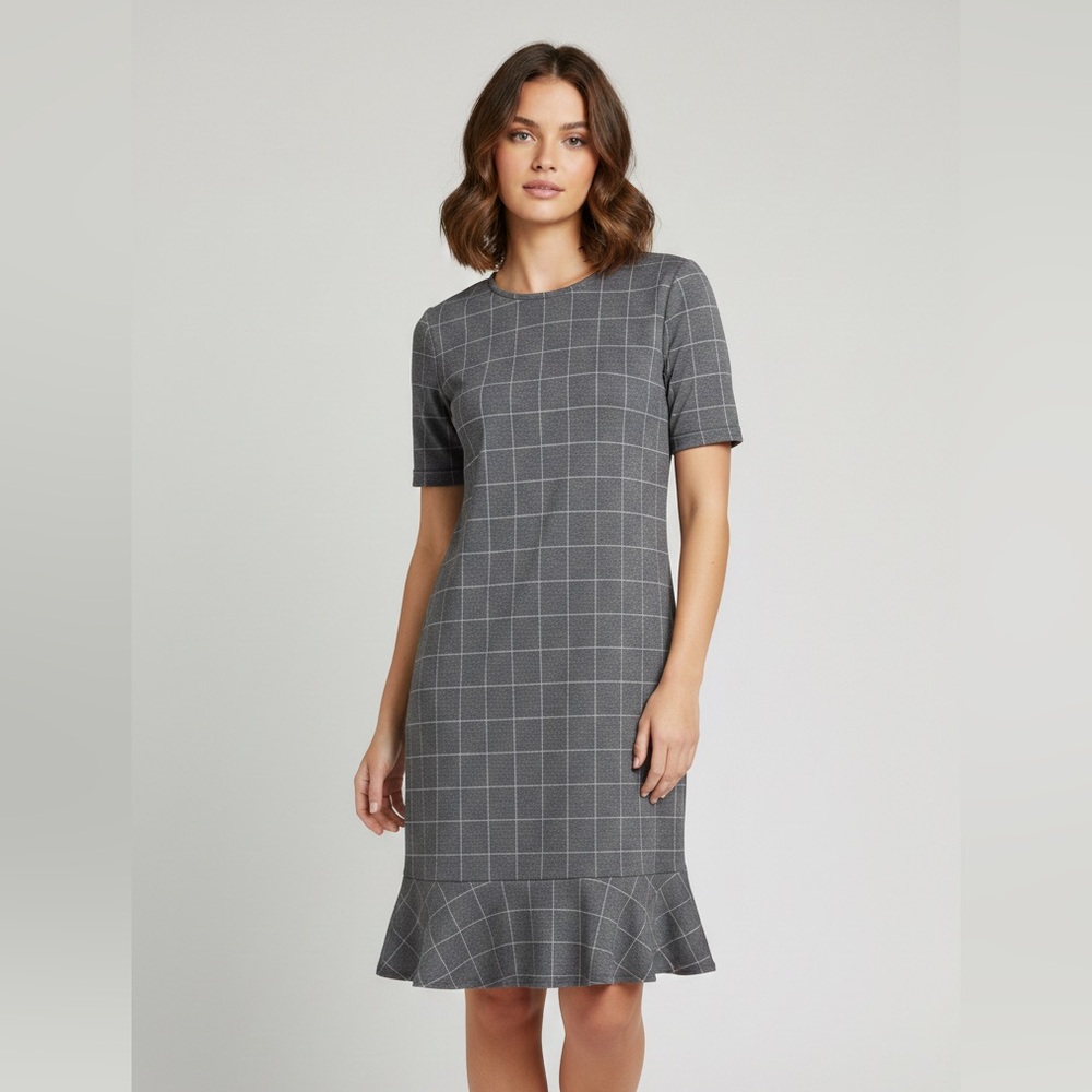0318 - LOFT Charcoal Plaid Midi Dress